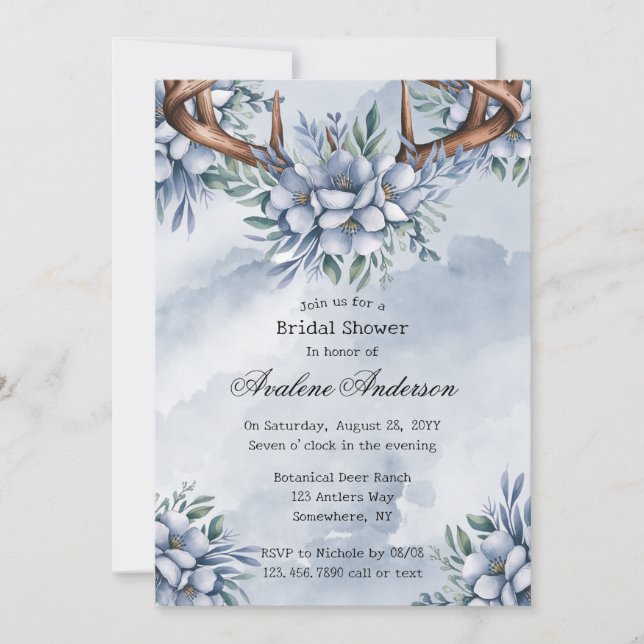 Invitación Boho Deer Antler Dusty Blue Floral Bridal Shower (Anverso)