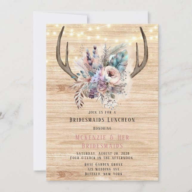 Invitación Boho Deer Antler Floral Bridesmaids Luncheon (Anverso)