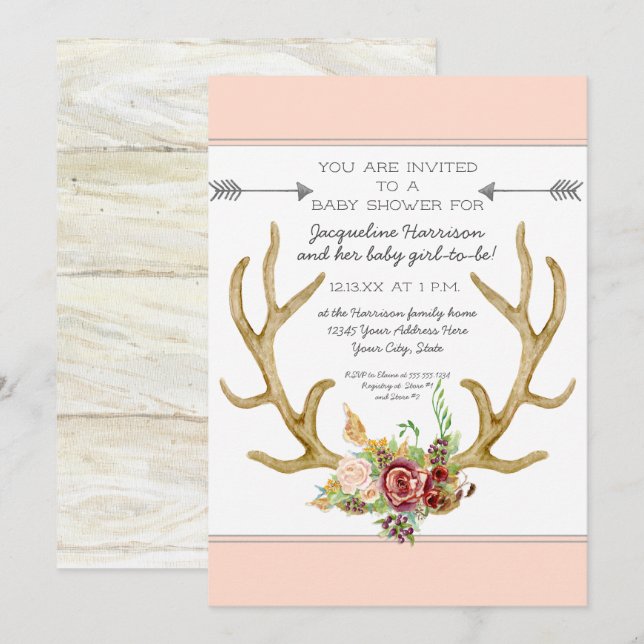 Invitación BOHO Deer Antler Rubor Floral Baby Girl Shower (Anverso / Reverso)