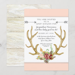 Invitación BOHO Deer Antler Rubor Floral Baby Girl Shower