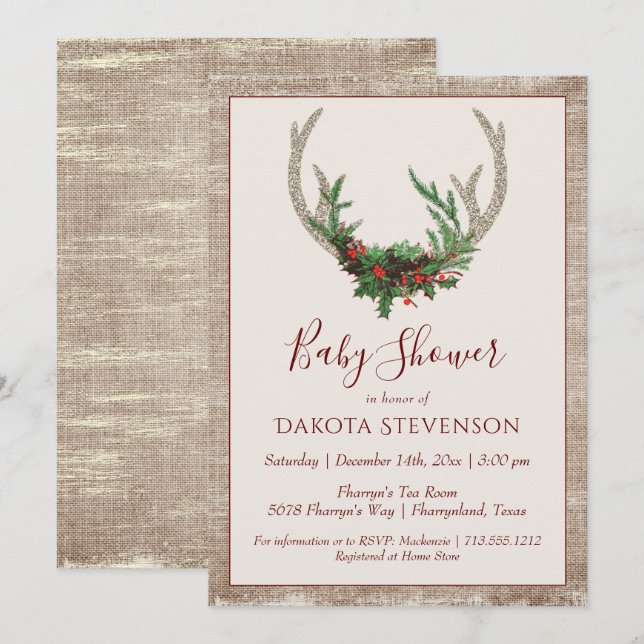 Invitación Boho Deer Antlers | Baby Shower de Navidades rusos (Anverso / Reverso)