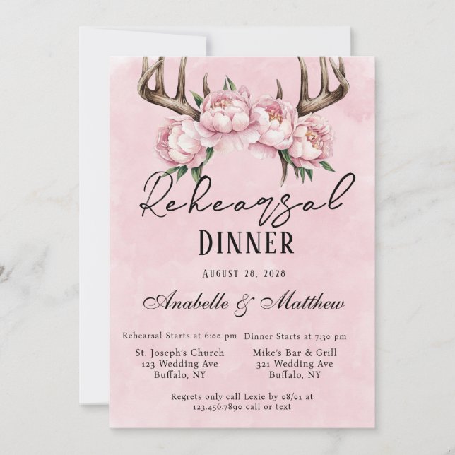 Invitación Boho Deer Antlers Ensayos de Peonies Rosados Cena (Anverso)