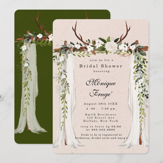 Invitación Boho Deer Antlers Moda blanca de canopas Ducha de  (Anverso / Reverso)