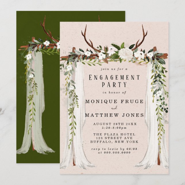 Invitación Boho Deer Antlers White Canopy Engagement Party (Anverso / Reverso)