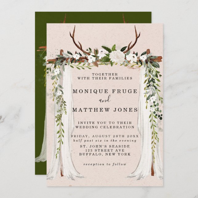 Invitación Boho Deer Antlers White Canopy Rustic (Anverso / Reverso)