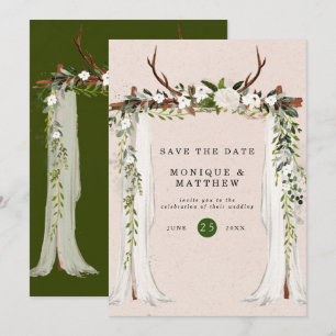 Invitación Boho Deer Antlers White Canopy Save The Date