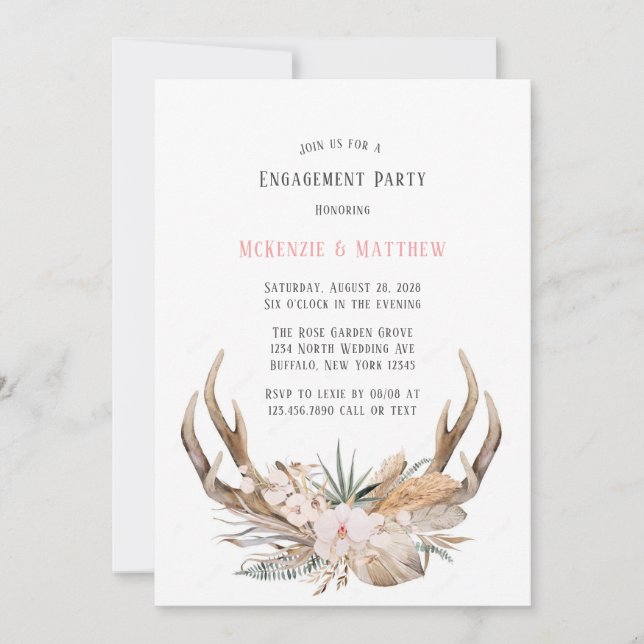 Invitación Boho Deer Antlers y el partido de compromiso florí (Anverso)