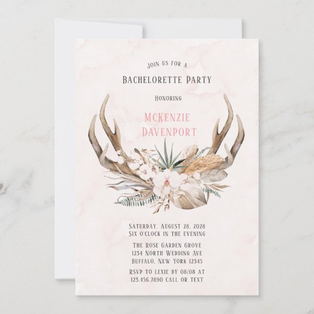 Invitación Boho Deer Antlers y Florals Bachelorette Party (Anverso)