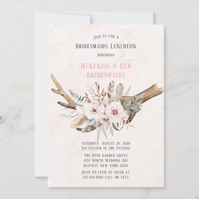 Invitación Boho Deer Antlers y Florals Bridesmaids Luncheon (Anverso)