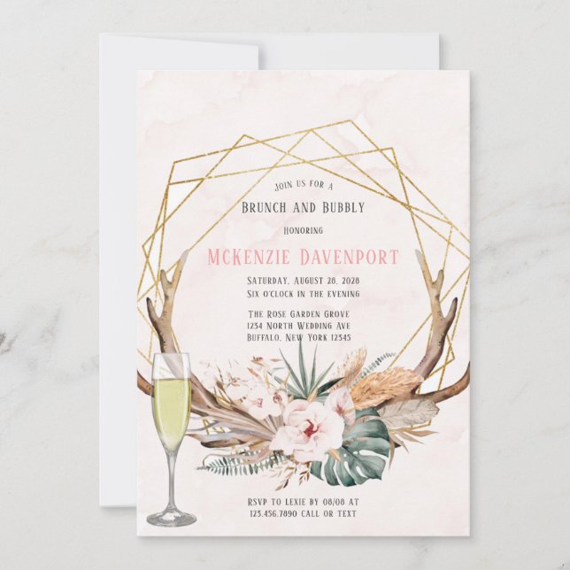 Invitación Boho Deer Antlers y Florals Brunch y Bubbly (Anverso)