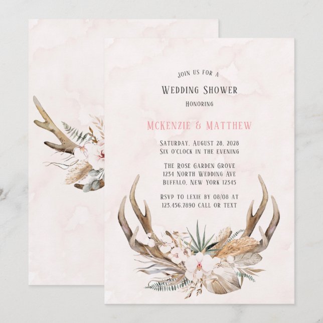 Invitación Boho Deer Antlers y Florals Wedding Shower (Anverso / Reverso)