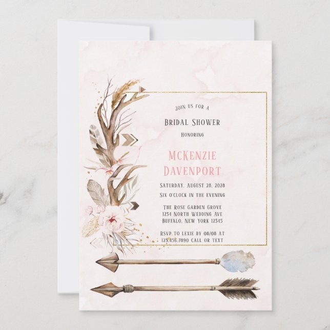 Invitación Boho Deer Antlers y Florines arrojan ducha de novi (Anverso)