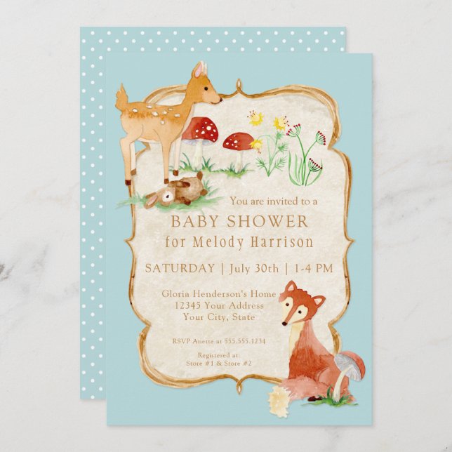 Invitación BOHO Deer Fox Owl Forest Woodsy Boy Baby Shower (Anverso / Reverso)