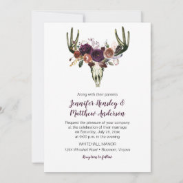 Invitación Boho Deer Skull Dark Purple Floral Bouquet Boda