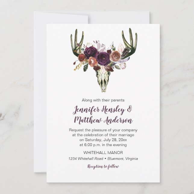 Invitación Boho Deer Skull Dark Purple Floral Bouquet Boda (Anverso)