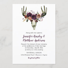 Invitación Boho Deer Skull Dark Purple Floral Bouquet Boda