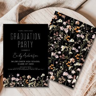 Invitación Boho del partido de graduación Black Wildflower Bl