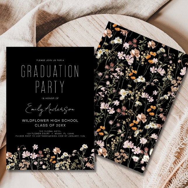 Invitación Boho del partido de graduación Black Wildflower Bl (Subido por el creador)