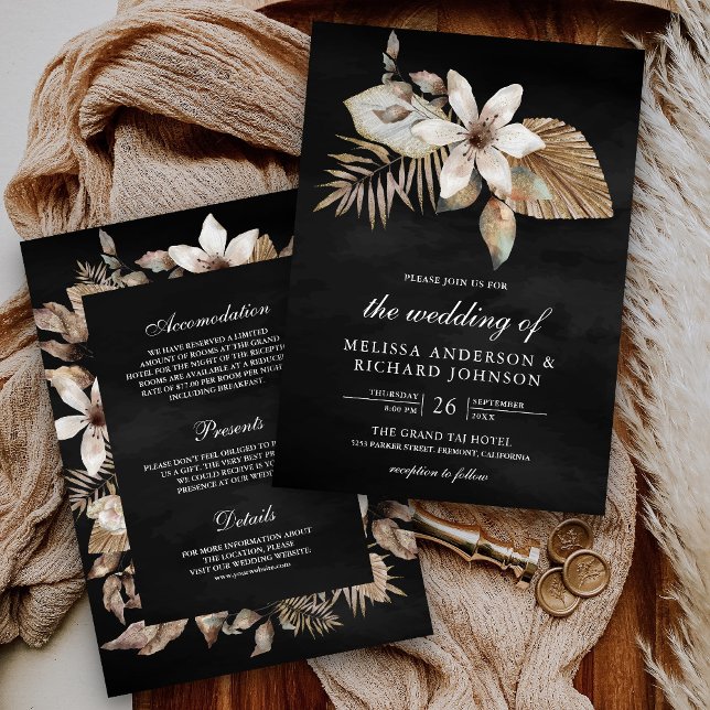 Invitación Boho desecó la flor de palma en un Boda negro (Subido por el creador)