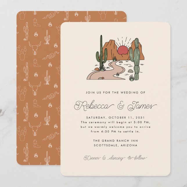Invitación Boho Desert Cactus Boda de escritura moderna (Anverso / Reverso)