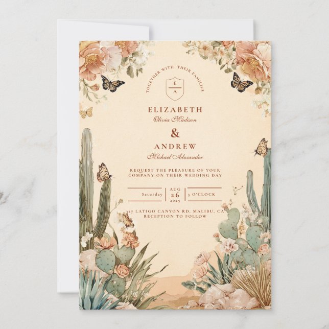 Invitación Boho Desert Cactus Boda Floral (Anverso)