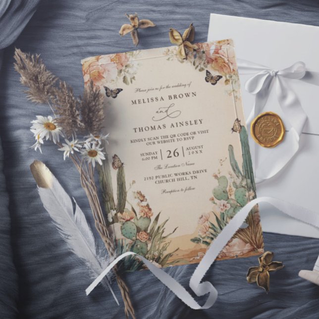 Invitación Boho Desert Cactus Elegant QR Code Wedding (Subido por el creador)