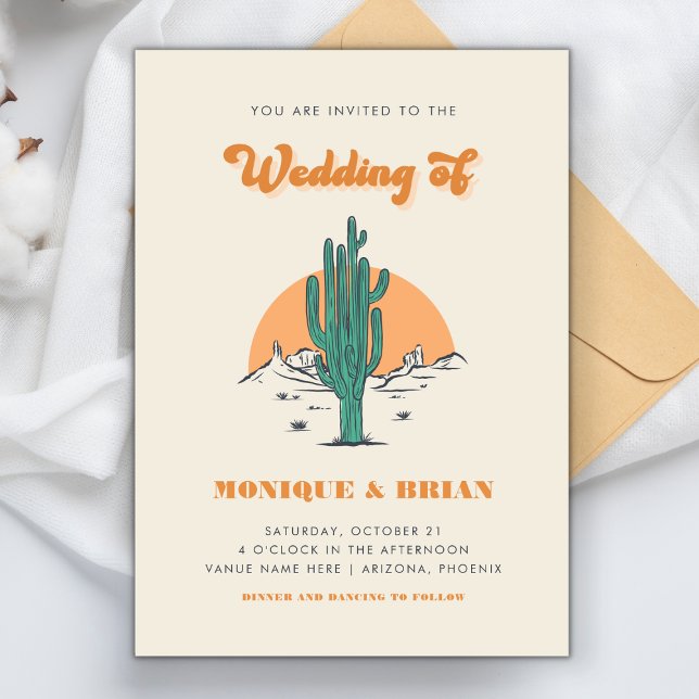 Invitación Boho Desert Groovy Retro Cactus y Boda de fotos (Subido por el creador)