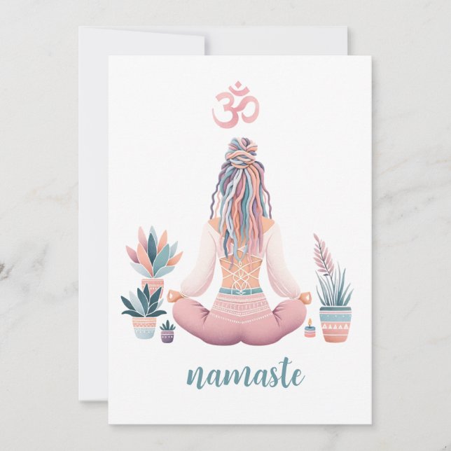 Invitación Boho Design- Frau mit Dreadlocks- Meditation- OM (Anverso)