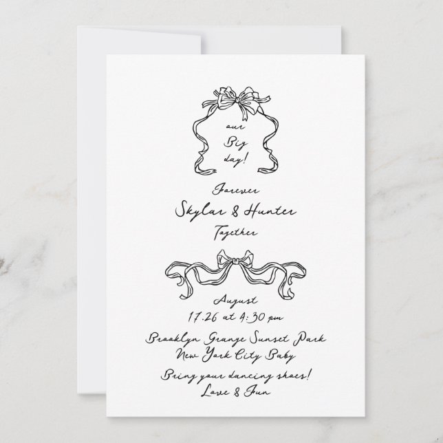 Invitación Boho Doodle manuscrito retro negro y blanco simple (Anverso)