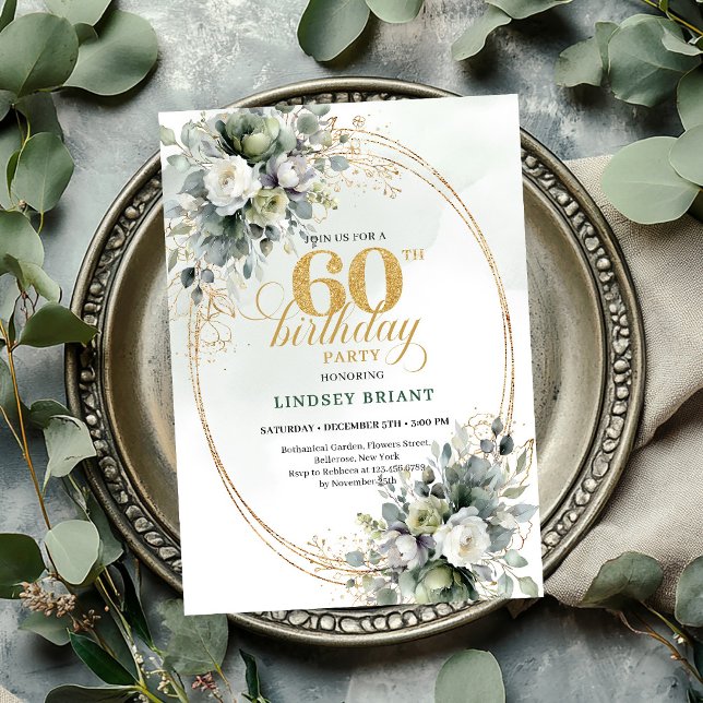 Invitación Boho Dorada Cumpleaños 60 Verde Polvo (Dusty Green 60th Birthday Boho Gold Invite

)