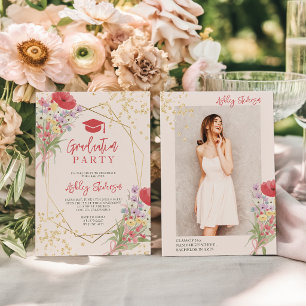 Invitación Boho dorado brillo floral rosa foto graduación
