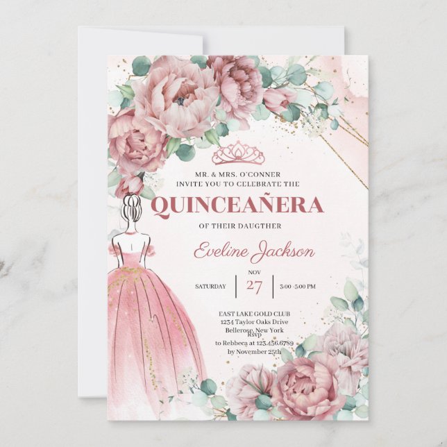 Invitación Boho dorado floral Princesa Dress Quinceanera (Anverso)
