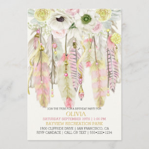 Invitación Boho Dream Catcher Feathers Crystals Pink Yellow