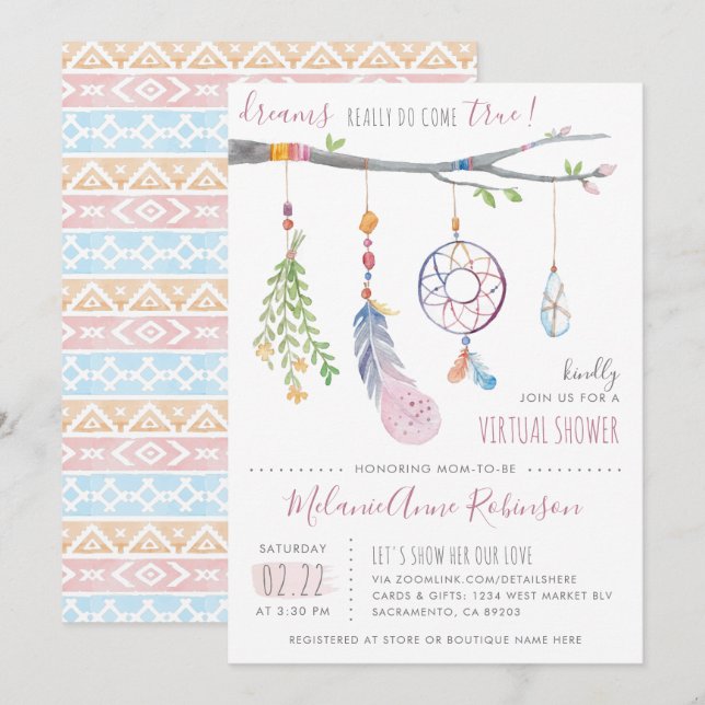 Invitación Boho Dream Catcher Tribal Feathers Virtual Shower (Anverso / Reverso)