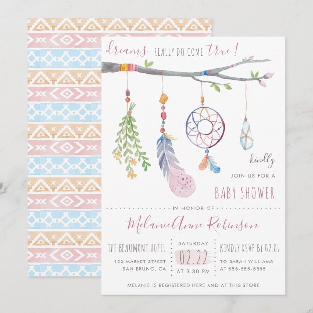 Invitación Boho Dream Catcher y Tribal Feathers Baby Shower (Anverso / Reverso)