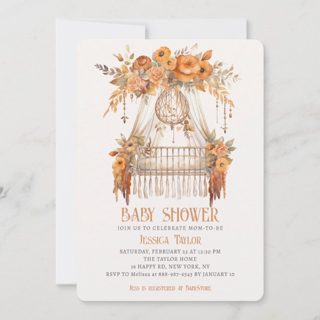 Invitación Boho Dreamcatcher Chica Floral Cot Baby Shower (Anverso)