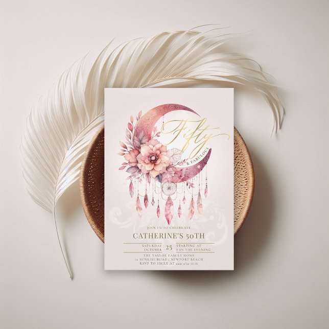 Invitación Boho Dreamcatcher Crystals Floral 50 cumpleaños (boho dreamcatcher 50 fabulous birthday invitation women crystals moon watercolor chic)