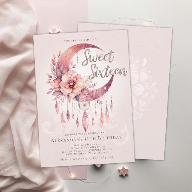 Invitación Boho Dreamcatcher Crystals Sweet 16 Fiesta de made (sweet 16 sleepover party idea boho dreamcatcher crystals pink gold calligraphy pj pajama slumber)