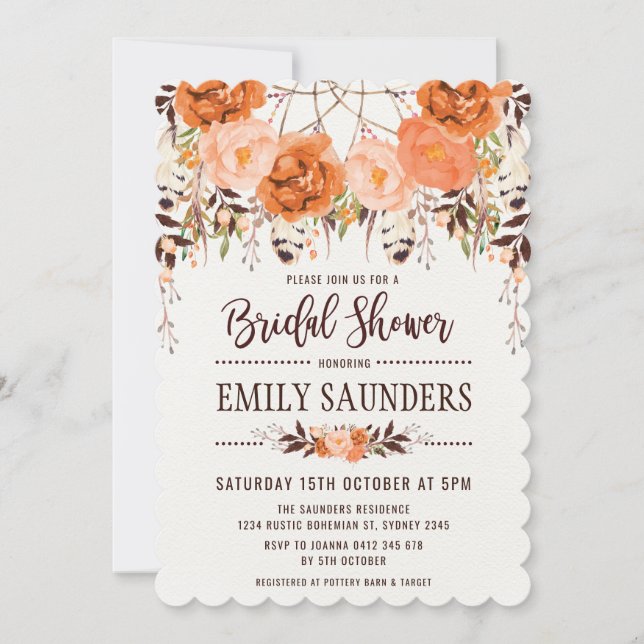 Invitación Boho Dreamcatcher Fall Floral Bridal Shower (Anverso)