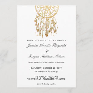Invitación Boho Dreamcatcher Faux Relieve metalizado dorado B