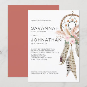 Invitación Boho Dreamcatcher Feathers Pampas Floral Tropical