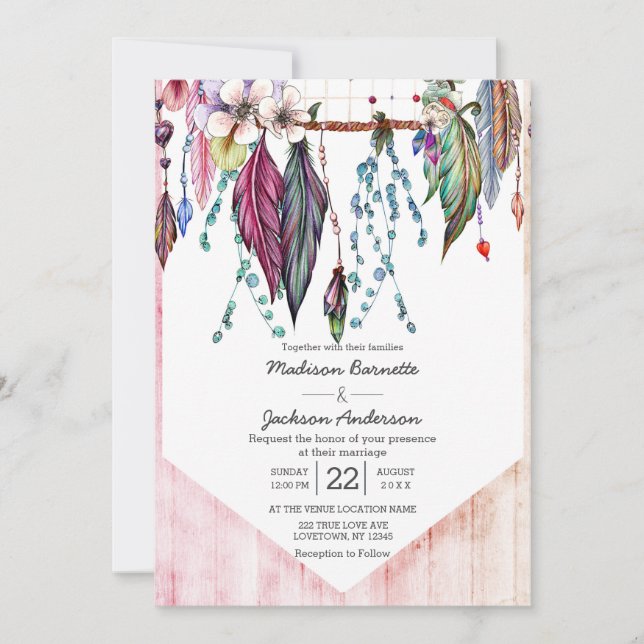 Invitación Boho Dreamcatcher & Feathers Wedding Invitation (Anverso)
