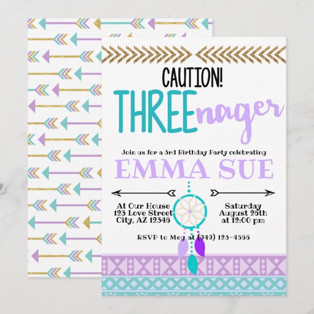 Invitación Boho Dreamcatcher Precaución 3-nager tercer cumple (Anverso / Reverso)