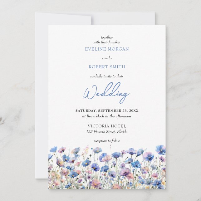 Invitación Boho dreamy azul flores silvestres pradera floral (Anverso)