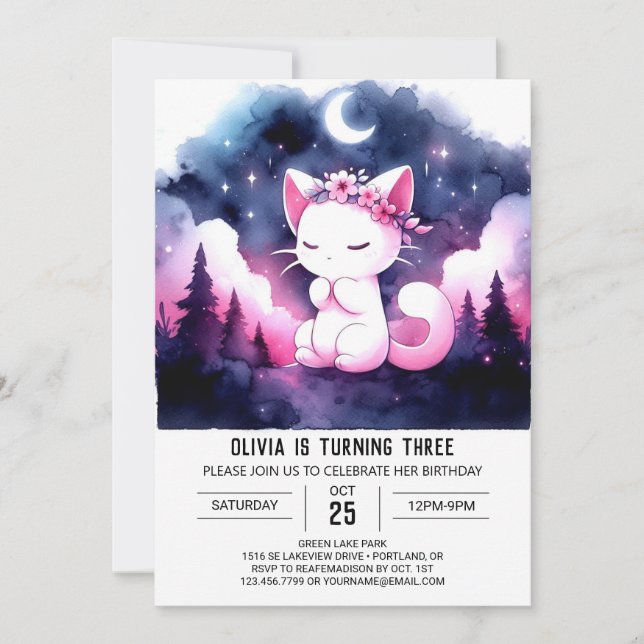 Invitación Boho Dreamy Cat Cumpleaños (Anverso)