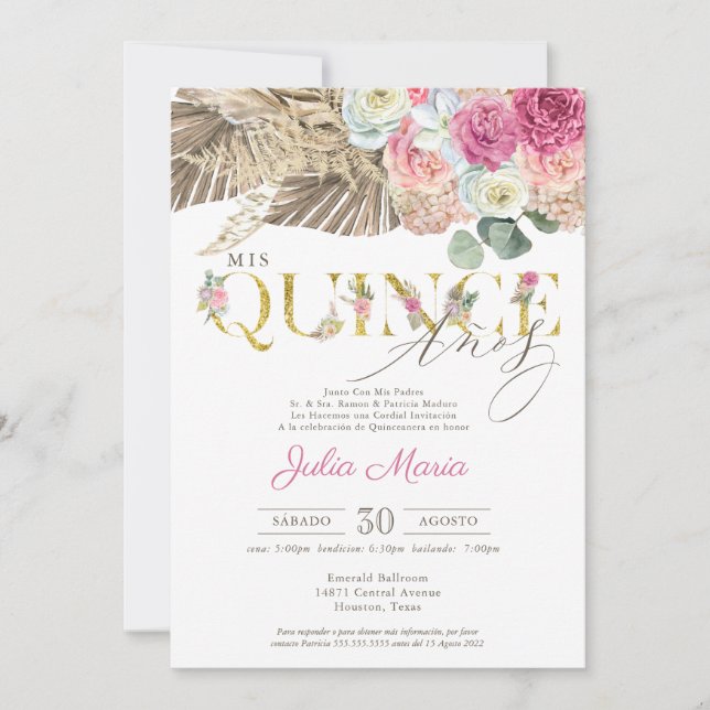 Invitación Boho Dried Floral Español Mis Quince Anos Cumpleañ (Anverso)