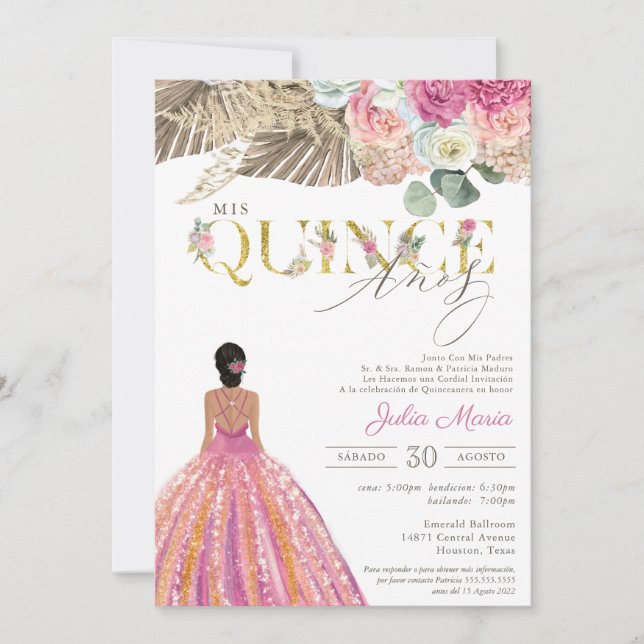 Invitación Boho Dried Floral Español Mis Quince Anos Cumpleañ (Anverso)