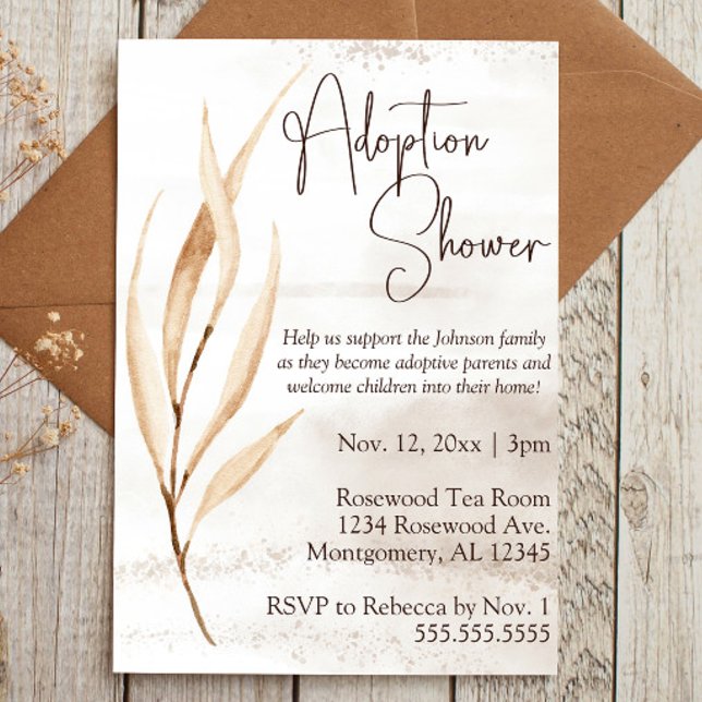 Invitación Boho Dried Florals Bebé Adoptivo/Ducha Infantil (adoption baby shower invitation with brown script text and boho dried floral elements)