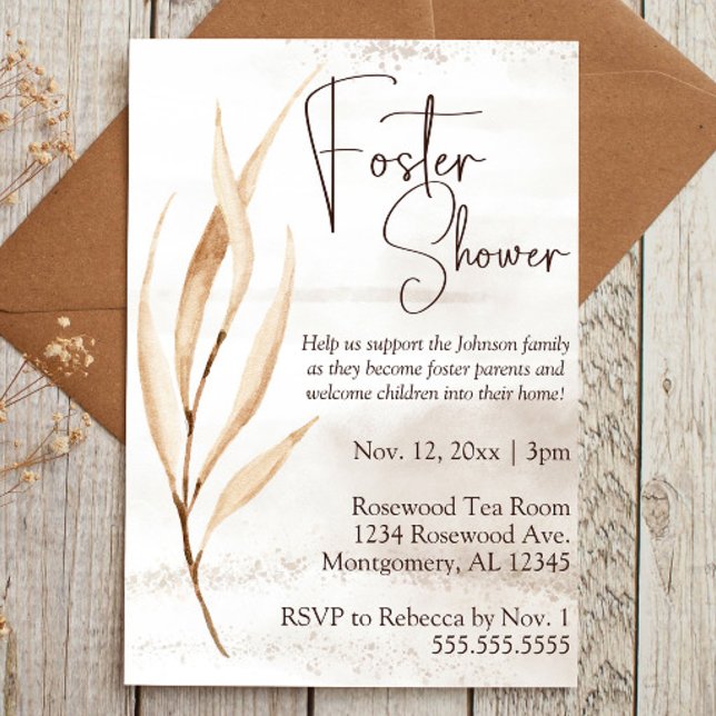 Invitación Boho Dried Florens Foster Care Baby/Child Shower (Foster Care baby shower invitation with brown script text and boho dried floral elements)