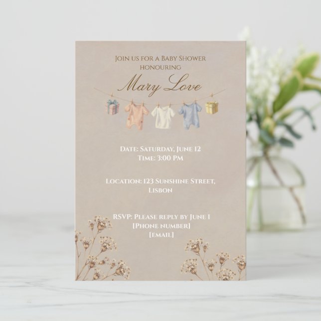Invitación Boho Dried Flower Baby Shower Invitation (Anverso de pie)